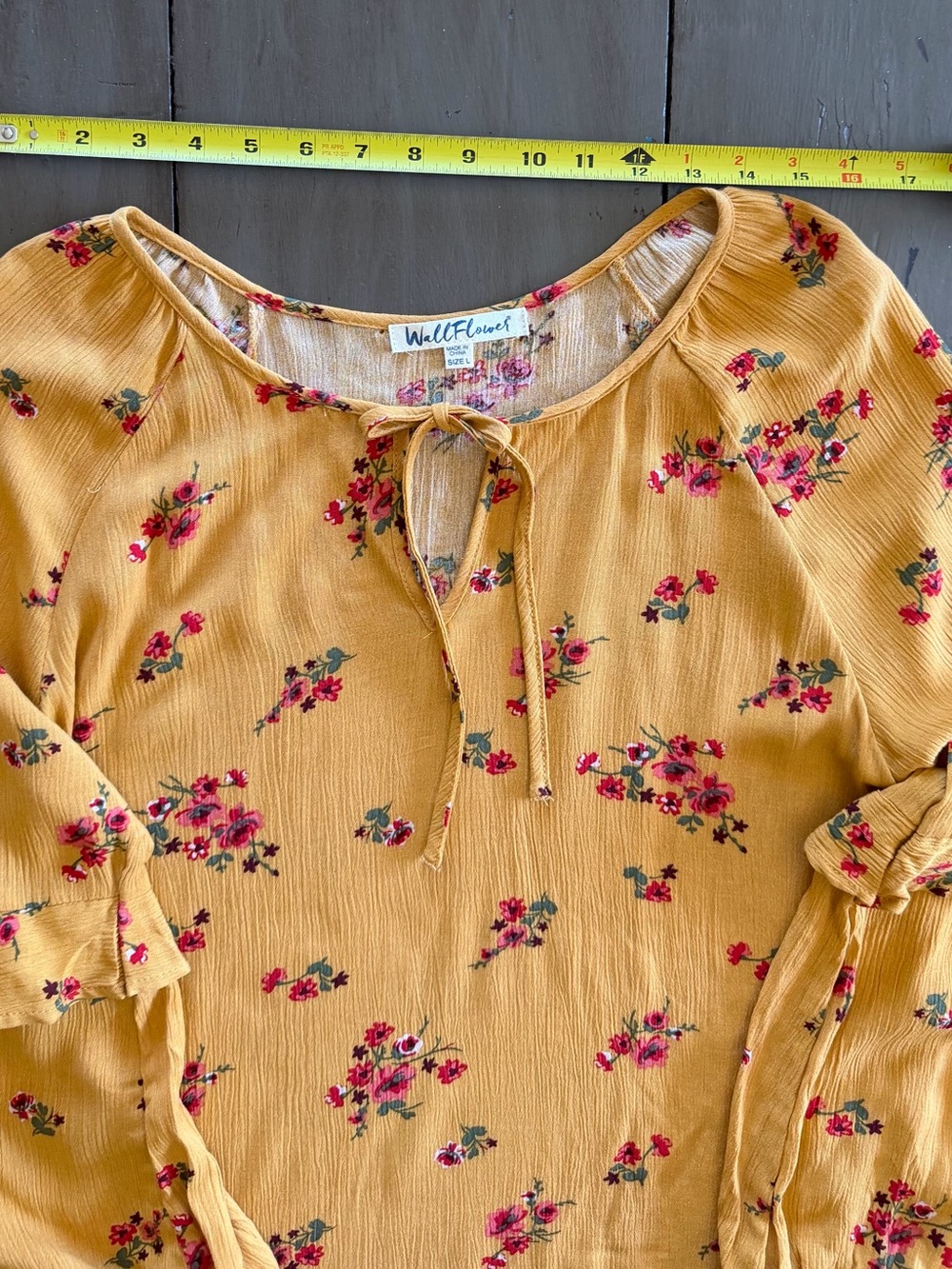 Wallflower Mustard Floral Tie-Front Peasant Blouse - Picture 6 of 11
